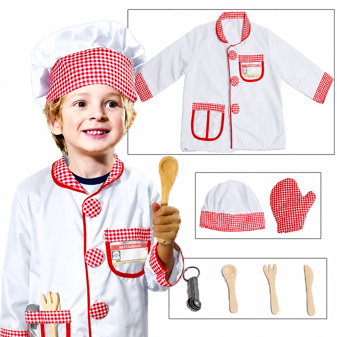 Chef costume with a white coat, checked hat, oven mitt, and play utensils shown beside a child model.
