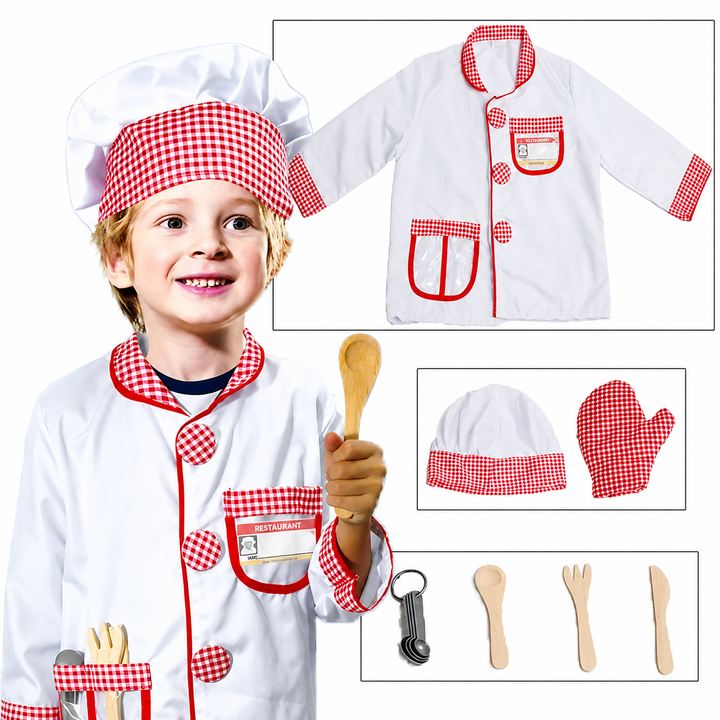Chef costume with a white coat, checked hat, oven mitt, and play utensils shown beside a child model.