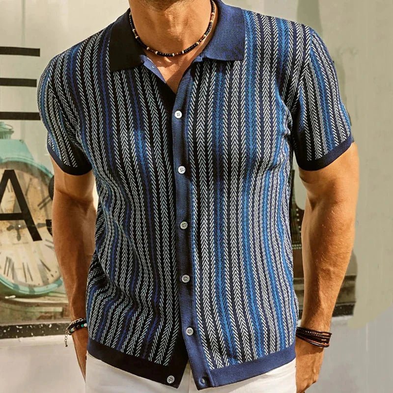 Chevron Weave Short Sleeve Button - Up Shirt (Navy Blue XS) - Men's Apparel | Zavonix