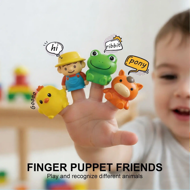 Child wearing chick, farmer, frog, and horse figures as finger puppets