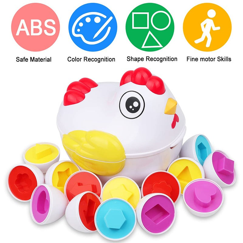 Chicken-shaped egg case surrounded by colorful shape-matching halves