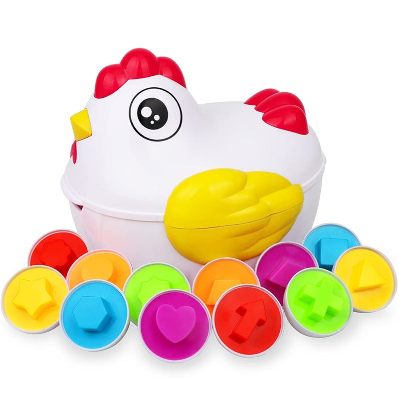 Chicken-shaped storage case with colorful egg halves for shape matching