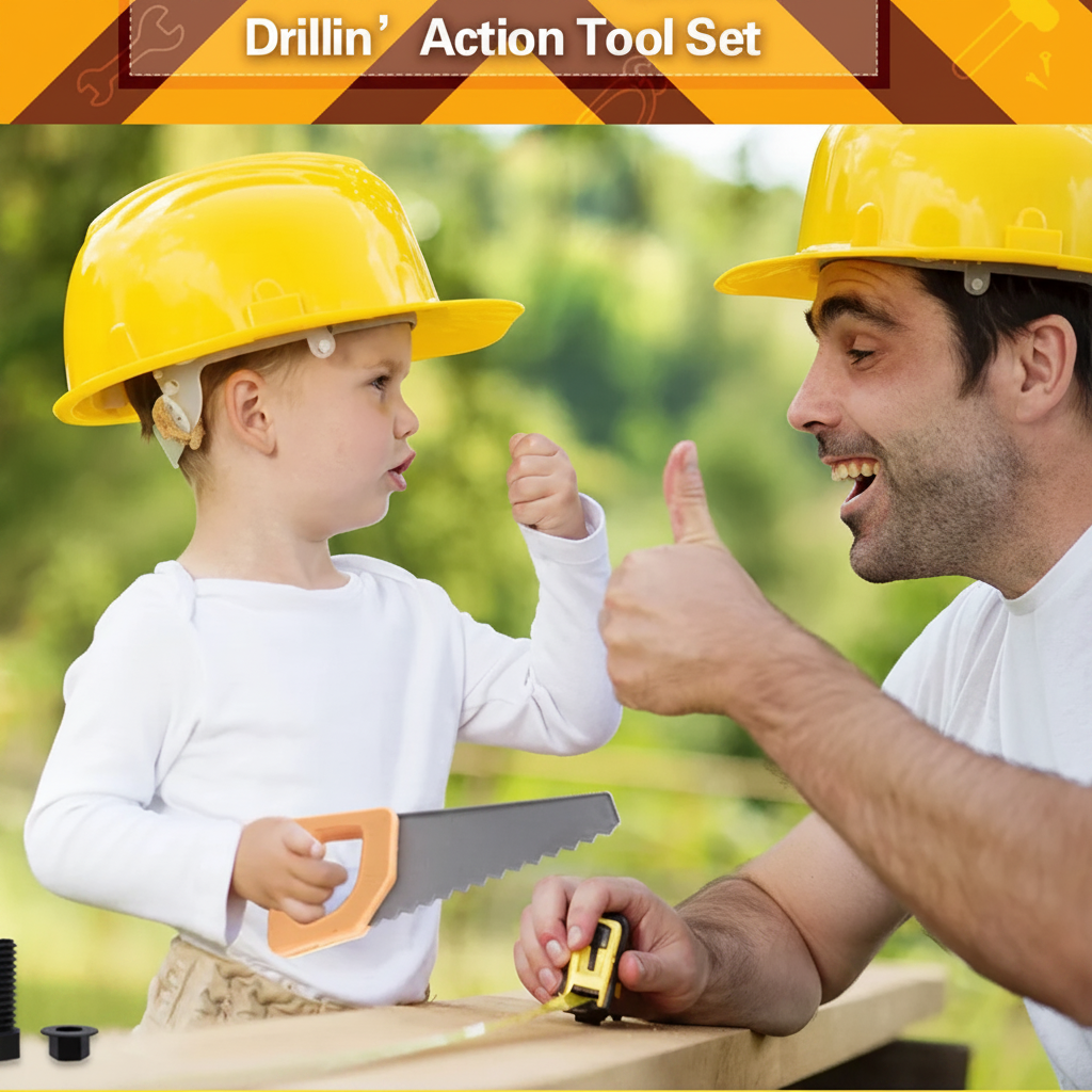 Child in a yellow play hard hat holding a toy saw beside an adult at a workbench.