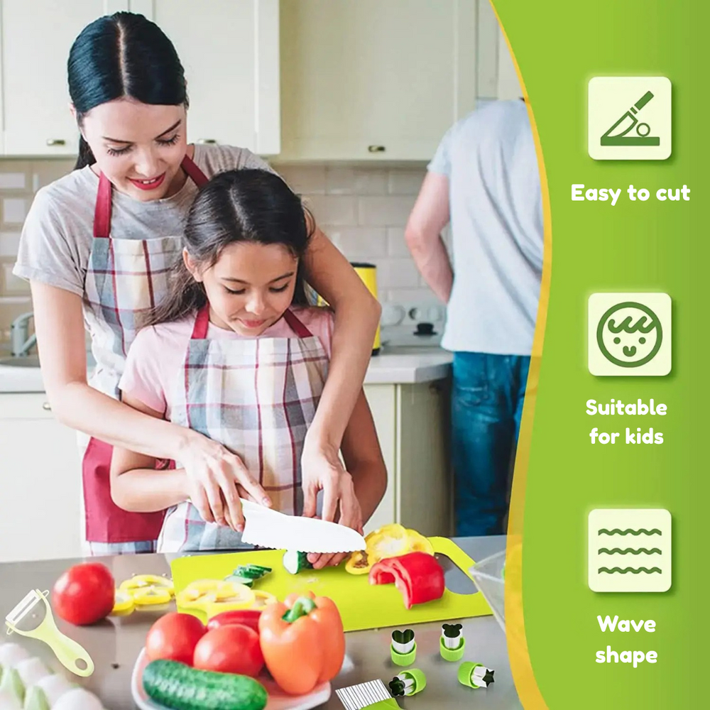 A child and adult preparing vegetables together with kitchen knives and cutting boards