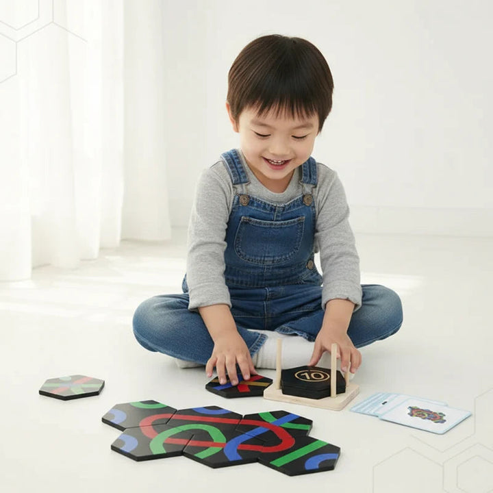 Child arranging colorful wooden puzzle tiles beside numbered tiles and challenge cards