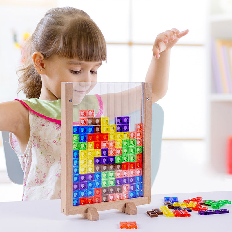 Child arranging colorful blocks in an upright wooden puzzle board