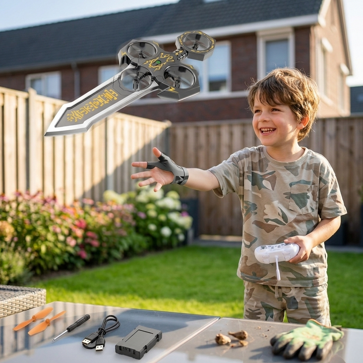 Child flying a sword-shaped toy outdoors with wrist and handheld controllers