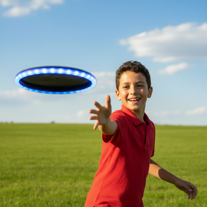 Child playing with a blue-lit flying disc on a grassy field