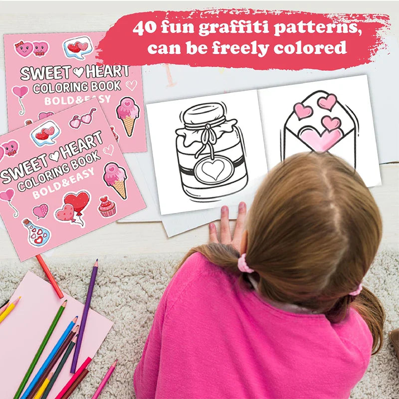 Child coloring a heart-themed page beside pink coloring books and colored pencils