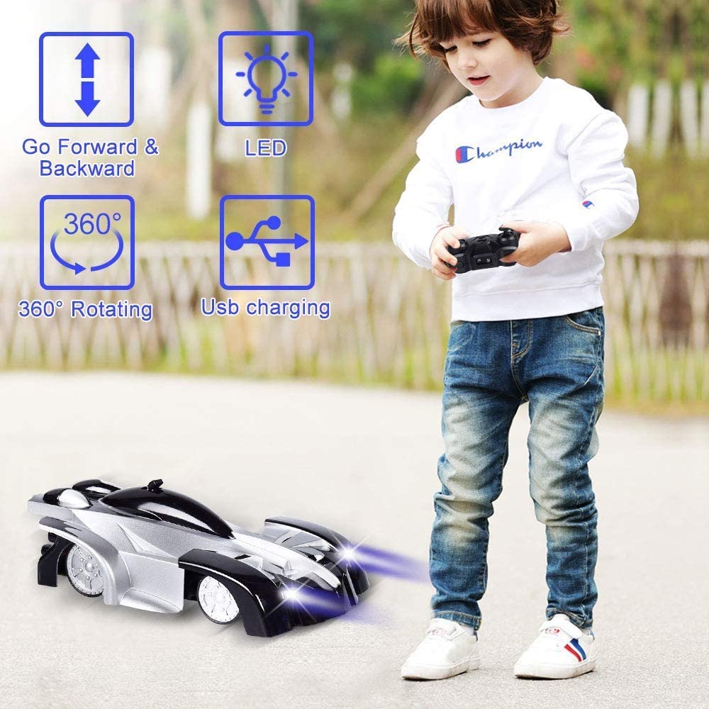 Child holding a controller beside a stunt car with icons for movement, lights, spins, and USB charging