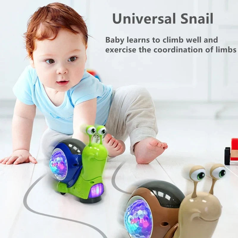 Child crawling beside green and brown snail toys with illuminated shells