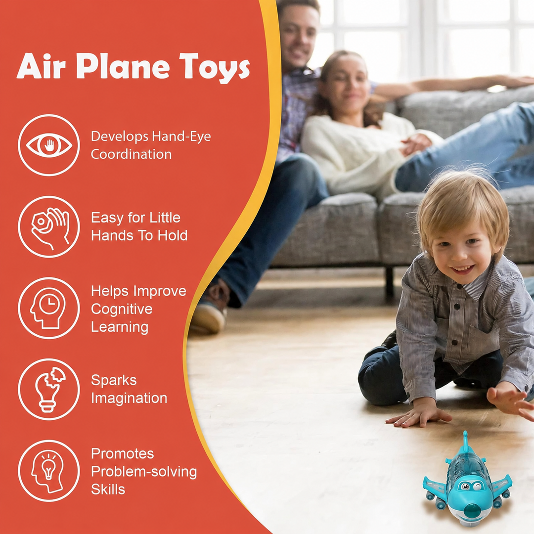 Child crawling toward a blue toy airplane on the floor
