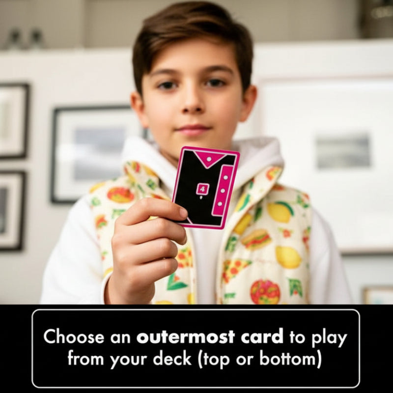 Child holding a pink card to demonstrate the top-or-bottom card choice