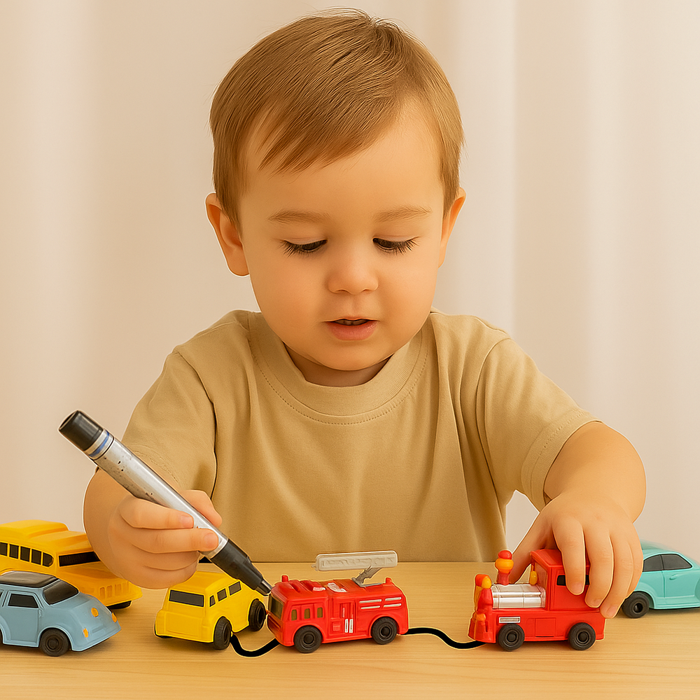 Child drawing a black track beside toy cars, a bus, a train, and a fire truck