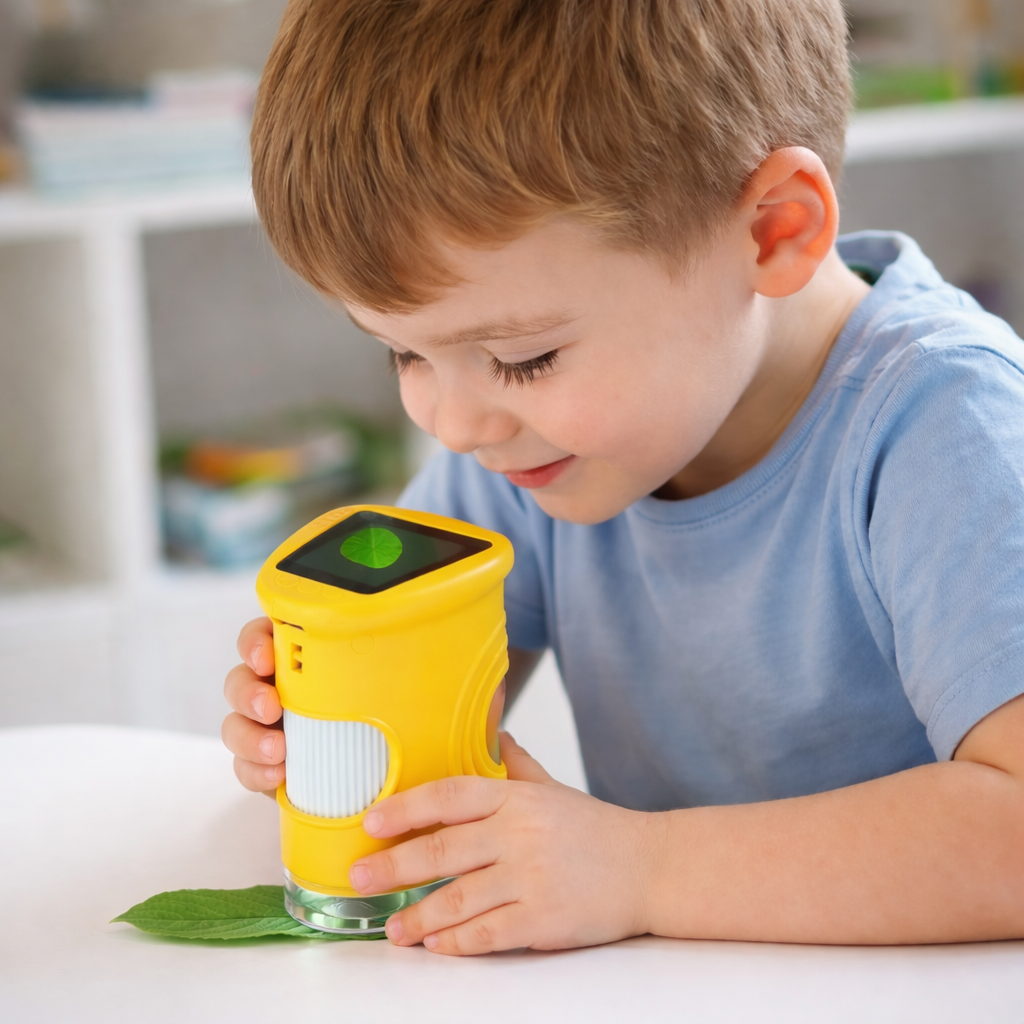 Child examining a leaf on a table with a yellow handheld microscope