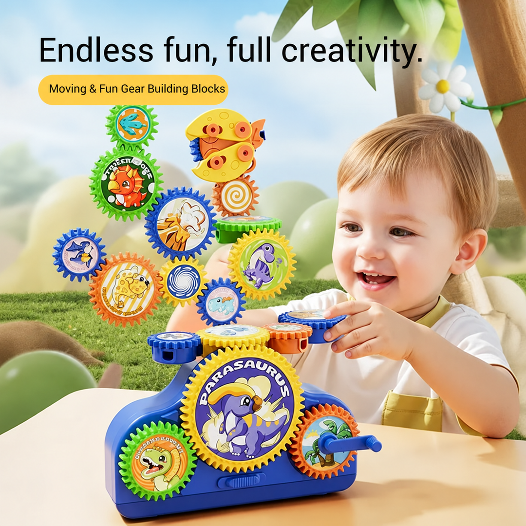 Child reaching toward a colorful gear arrangement on a blue electric building base.