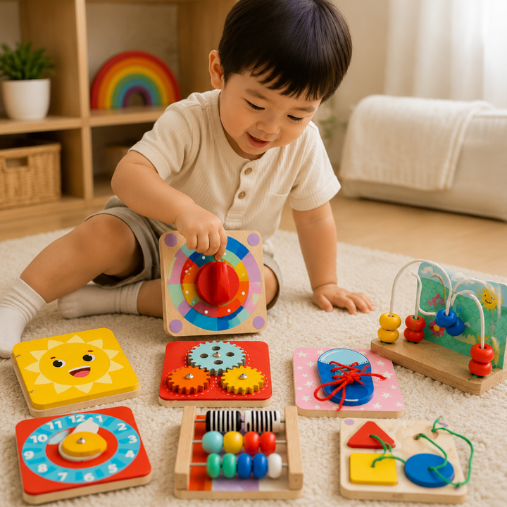 Child turning the red dial on a wooden busy board with other activity boards on the rug.