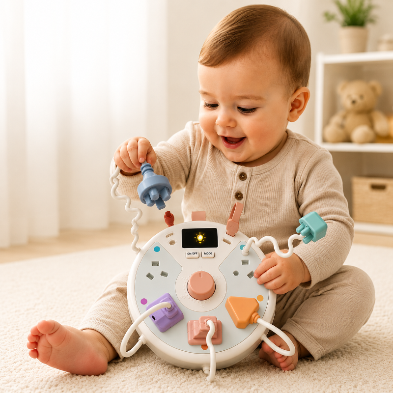 Child holding a blue toy plug while exploring the White light-up busy board