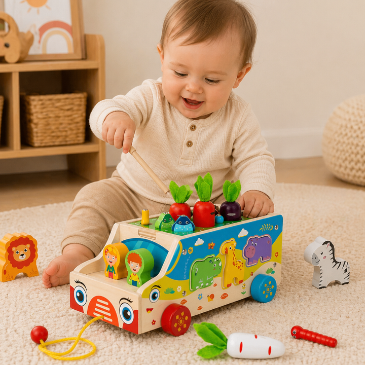 Child exploring the wooden activity bus with a magnetic rod