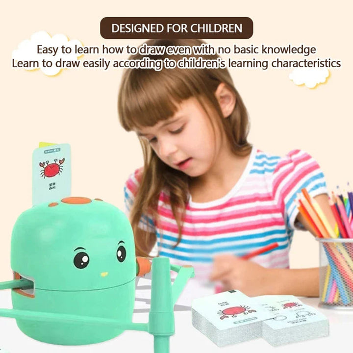 Child drawing beside a green robot with illustrated cards on the table
