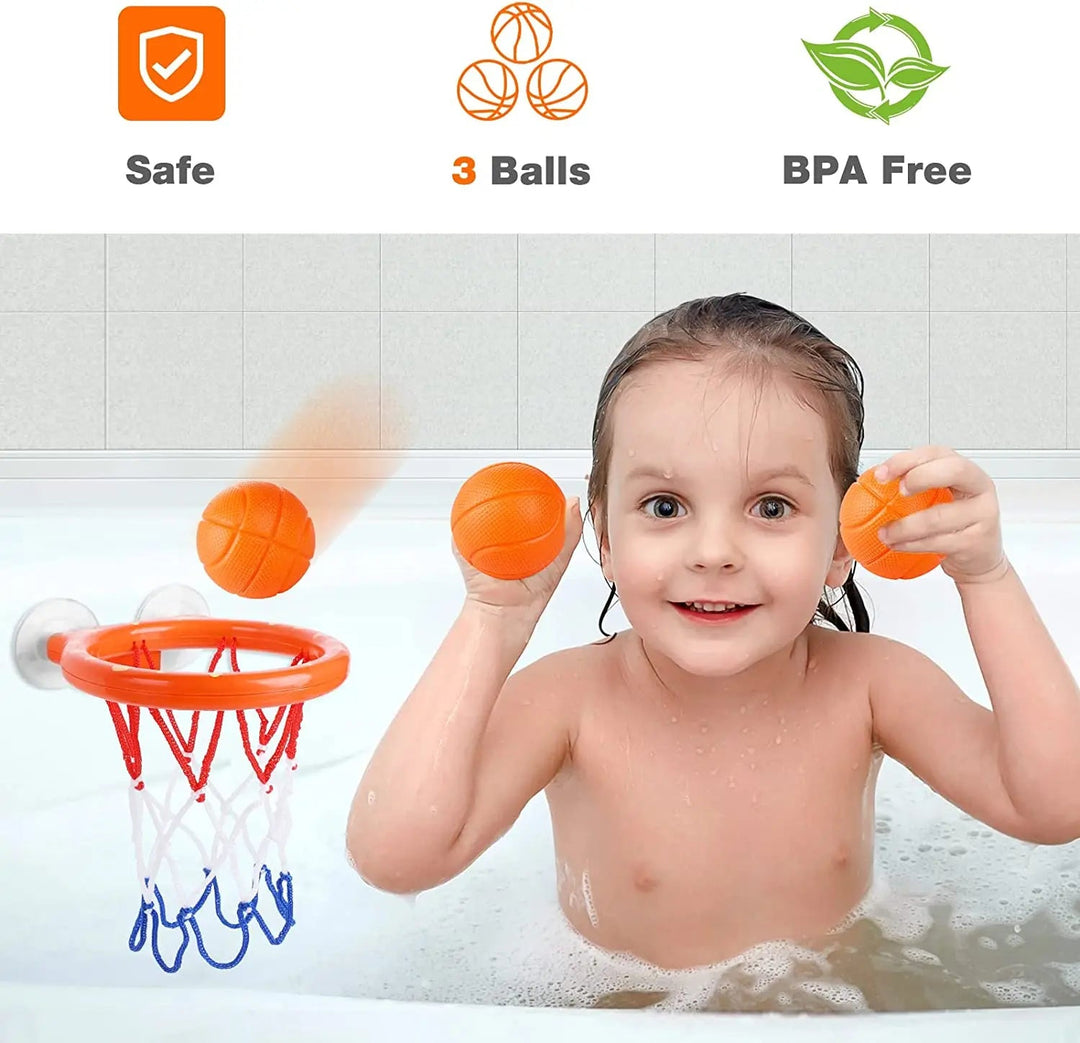 Child holding orange basketballs beside a suction-mounted hoop in the bathtub