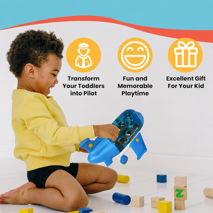 Child holding a blue toy airplane with an open cabin during floor play