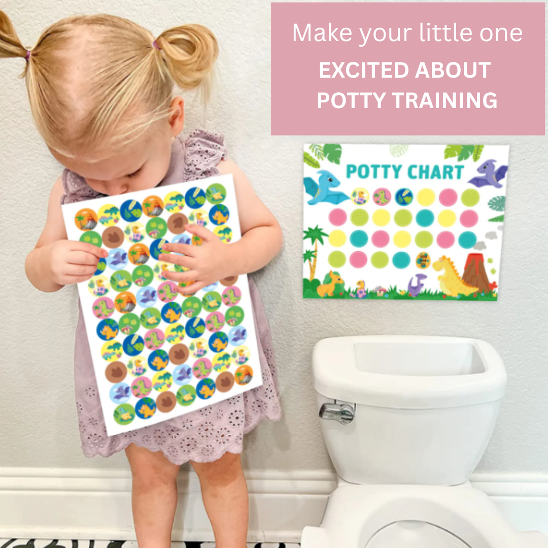 Child holding a dinosaur sticker sheet beside a toilet and wall-mounted potty chart