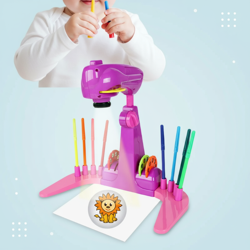Child holding drawing tools above a pink projector with a lion picture below.