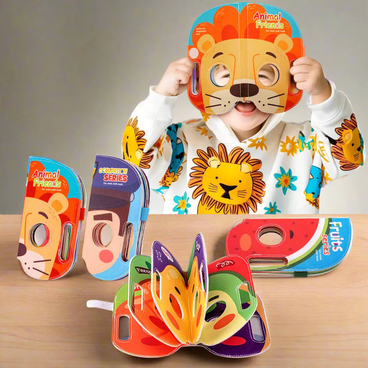 Child holding a lion-face cloth book with fruit and profession books on the table.