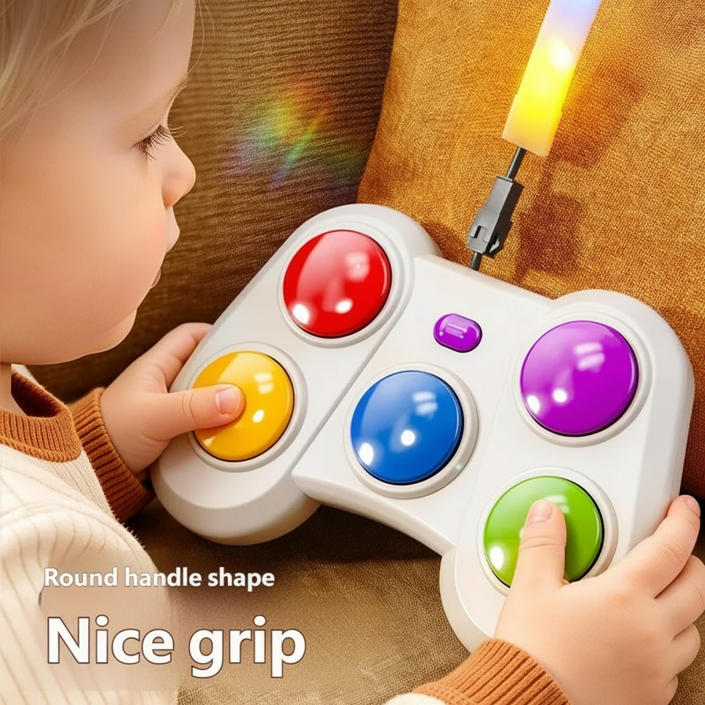 Child holding the rounded game controller and pressing its yellow and green buttons
