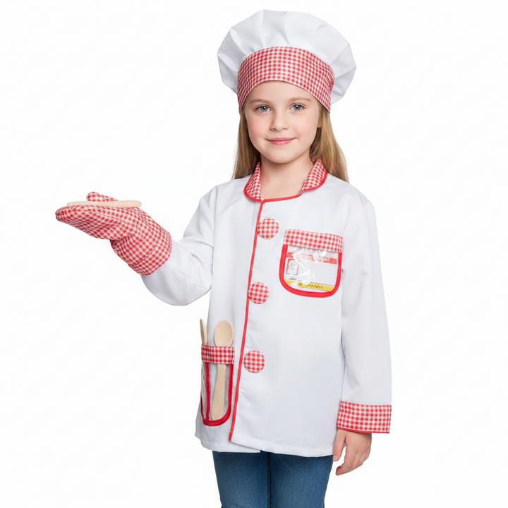 Child wearing a white chef coat and matching checked hat while displaying an oven mitt.