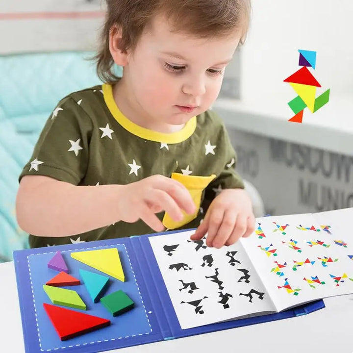 Child arranging colored tangram pieces beside an illustrated pattern guide