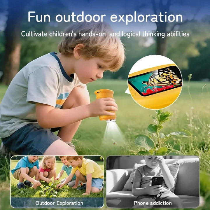 Child using a yellow digital microscope to explore plants outdoors