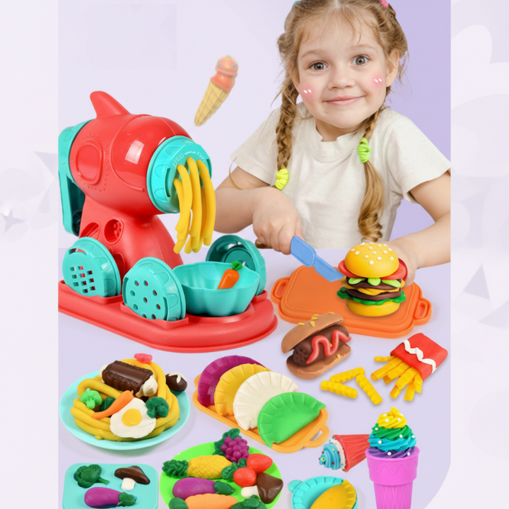 Child with a red clay noodle machine and colorful pretend food
