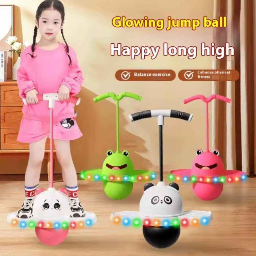 Child using a light-up pogo toy beside green and pink frog designs.