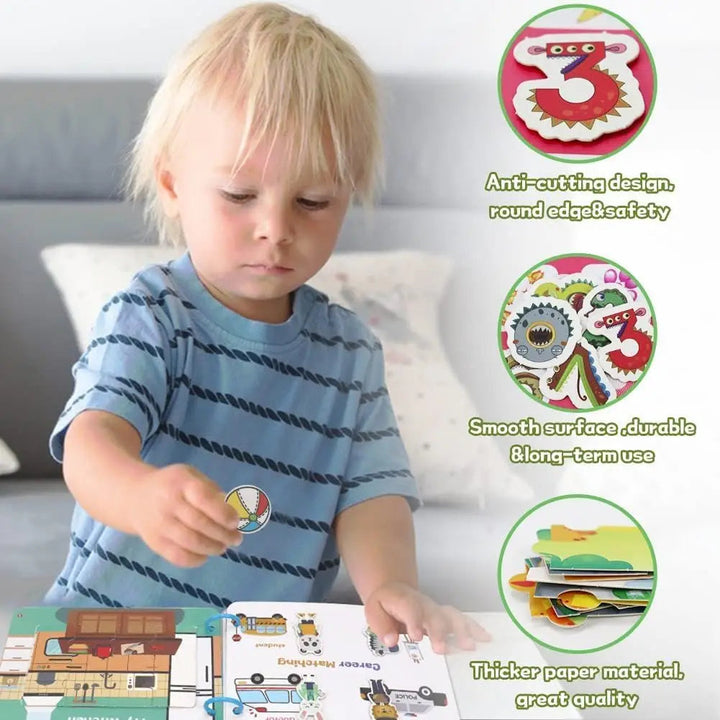 Child placing a picture piece on an open activity book beside close-ups of the pieces and pages