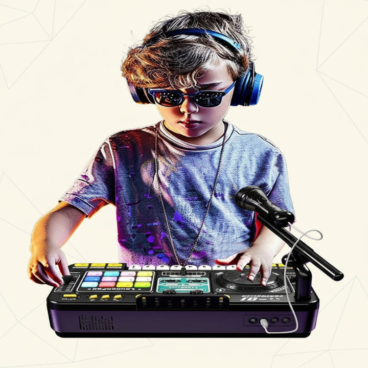 Child wearing headphones and playing a black DJ mixer toy with colorful buttons and a microphone