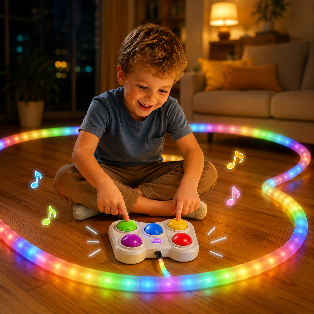 Child playing the color-button game on a wooden floor inside a loop of multicolor lights