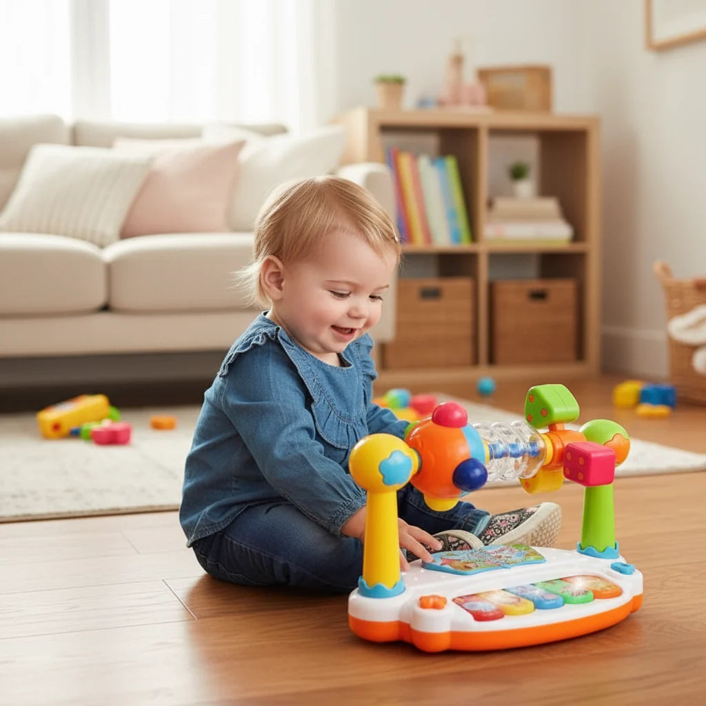 Child seated on a wooden floor playing with the colorful toy piano