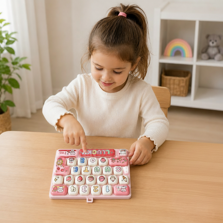 Child pressing the keys on a pink fidget keyboard at a wooden table