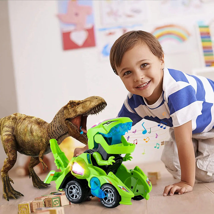 Child playing on the floor with a green dinosaur robot car beside a dinosaur figure