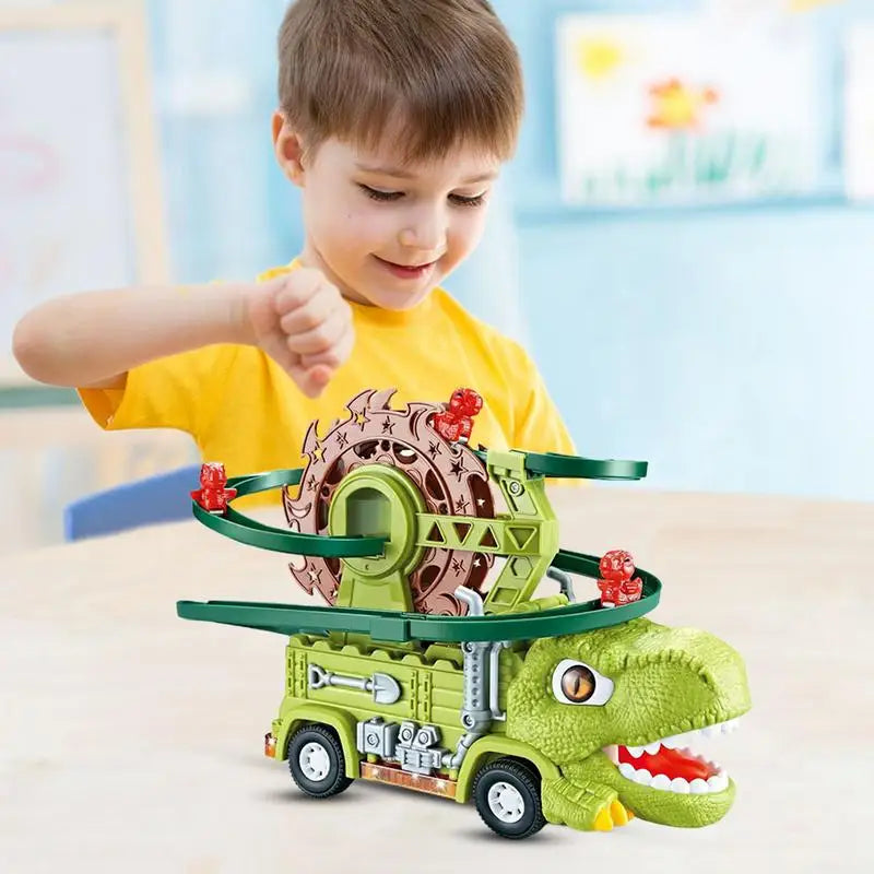 Child playing with a green dinosaur toy truck and its elevated winding track