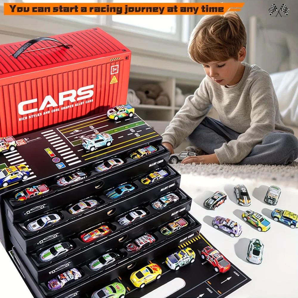 Child playing beside a red race car case with stacked car trays and loose cars on a rug