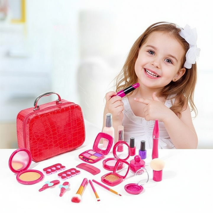 Child playing with a toy makeup set beside a red carry case
