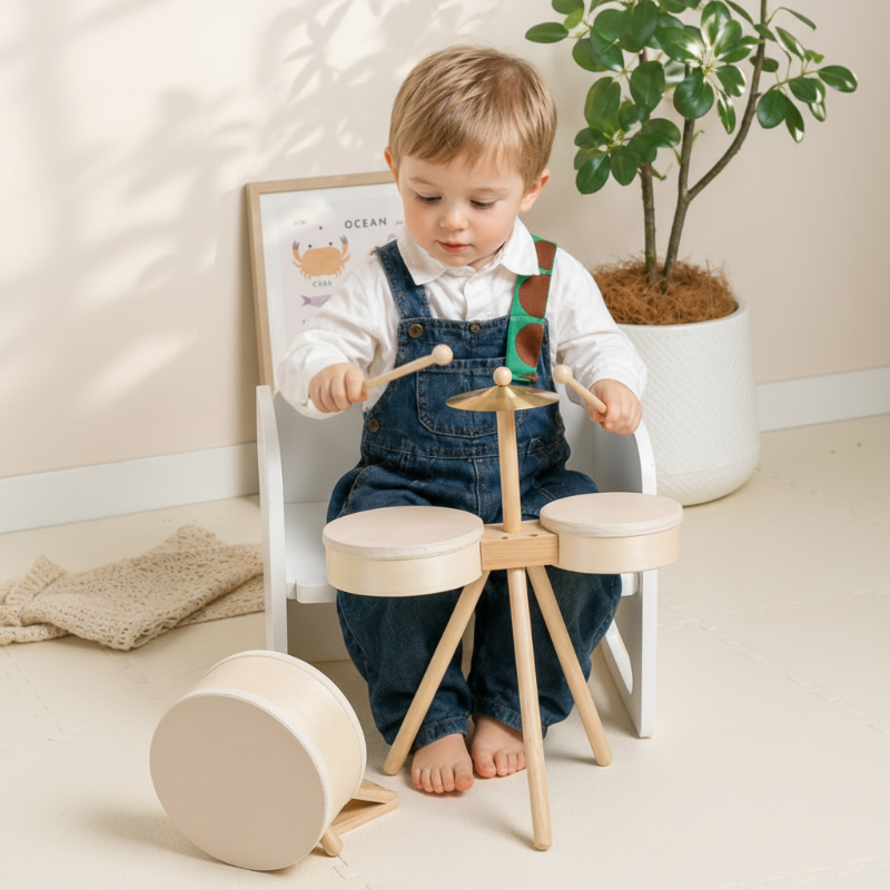 Child playing the wooden drum set with two drumsticks beside the bass drum