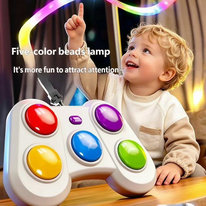 Child pointing toward a curved multicolor light strip above the five-button game controller