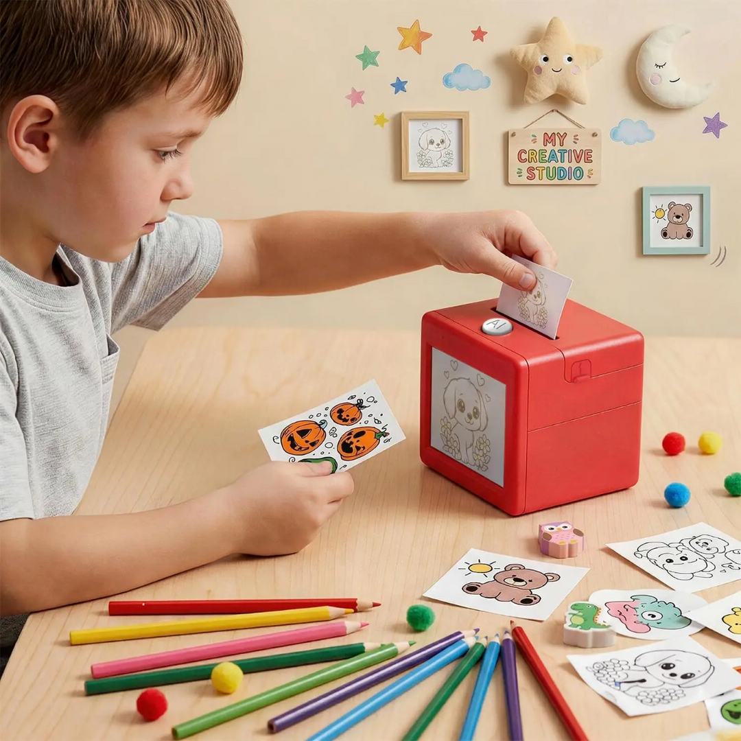 Child collecting a print from a red AI sticker printer at a craft table with animal stickers and colored pencils