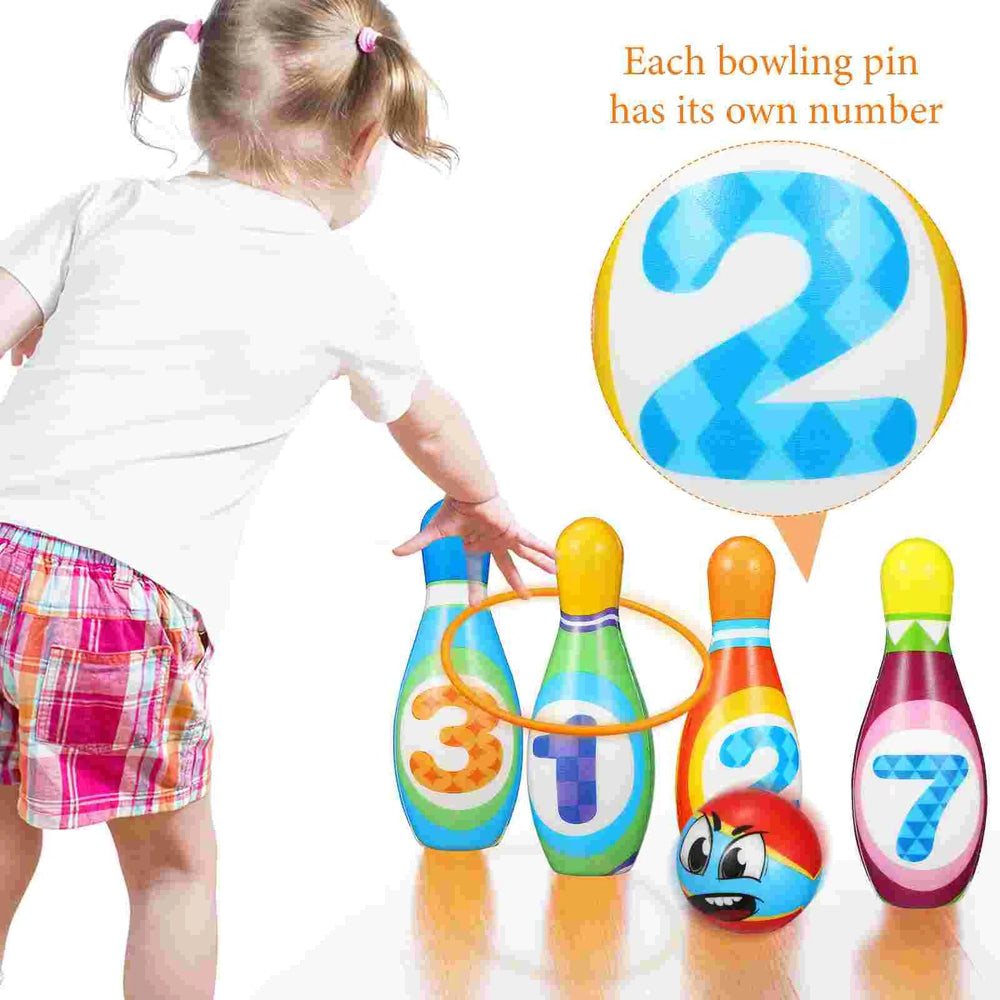 Child placing a ring over numbered bowling pins, with a close-up of the number 2