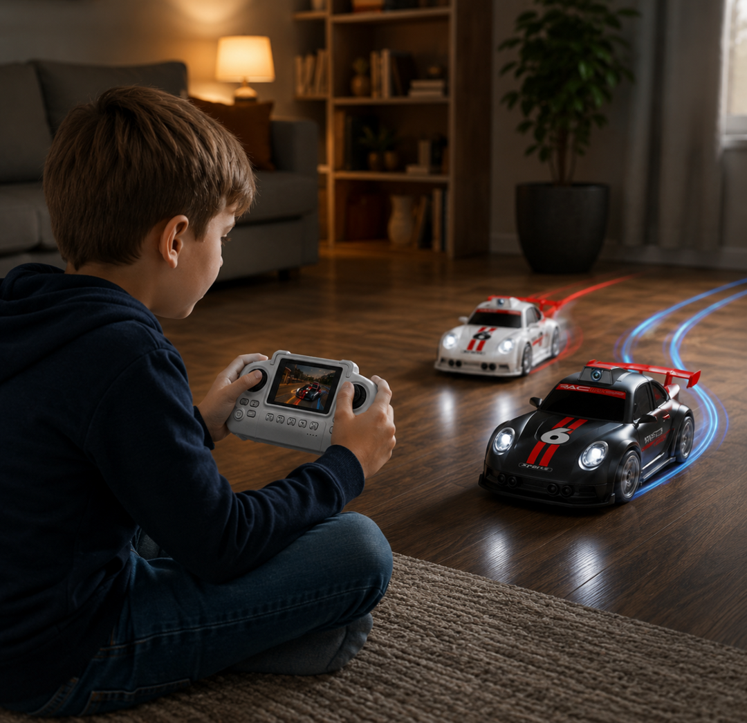 Child using a screen remote to drive black and white RC stunt cars on a living room floor