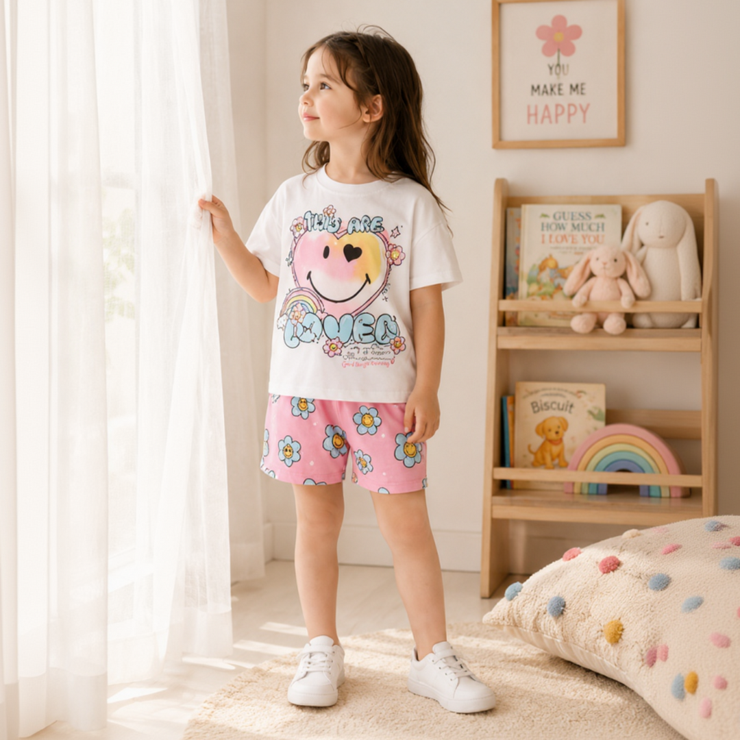 Child by a window wearing a white smiley-graphic T-shirt and pink floral shorts